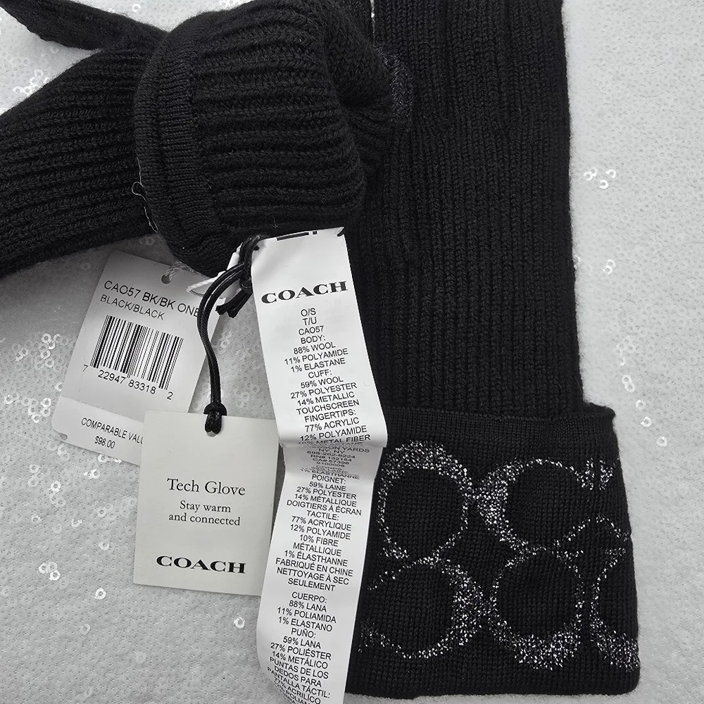 Coach Winter Knit Tech Gloves Black Silver Metallic Merino Warm Wool